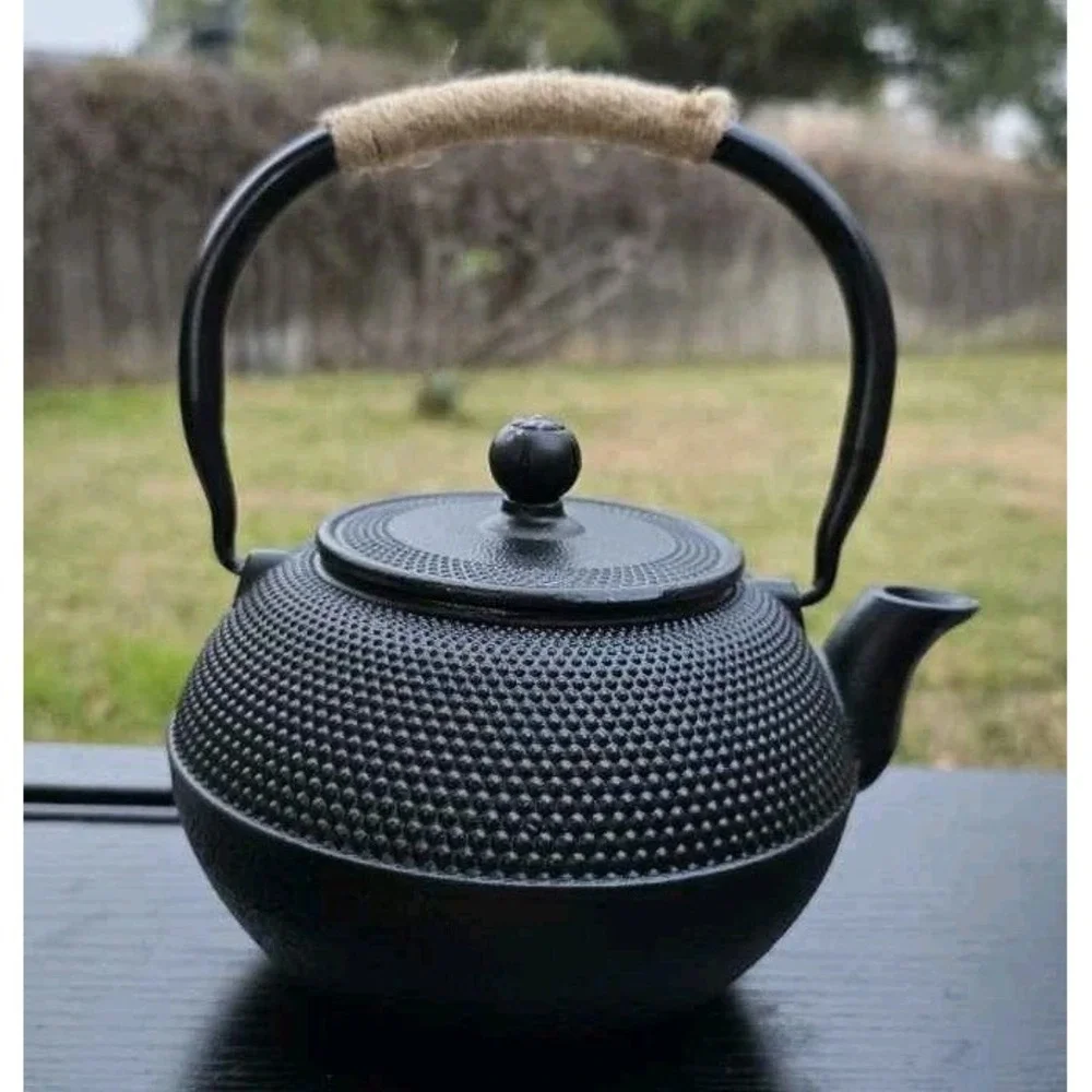 Black Cast Iron Hobnail Teapot Japanese Tetsubin Style Twine Handle Enamel Lid